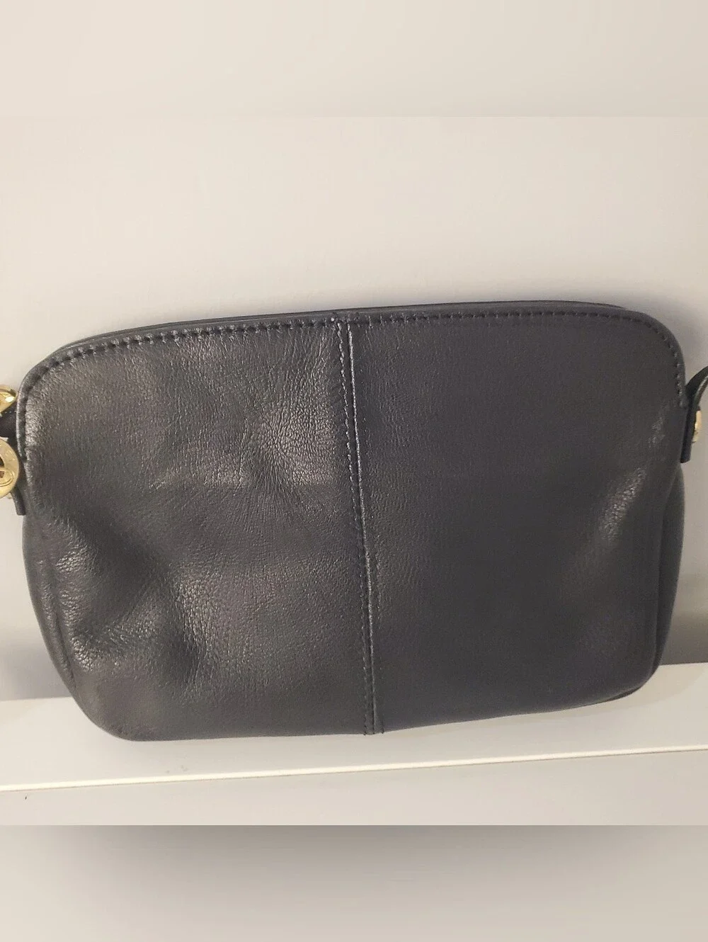 Vintage Pourchet Paris Black Leather Crossbody Bag Gold Crest Made In France